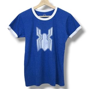 Disney Spider-Man T-Shirt Graphic Heather Blue White Ringer Tee Parker Small